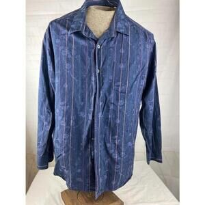 Tommy Bahama Mens XL Button Up Shirt Navy Blue Damask Pastel Striped Long Sleeve
